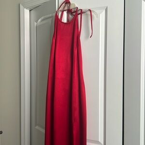 Red long satin evening dress with side slit, beautiful open back